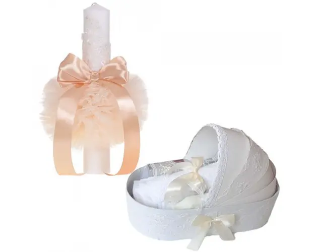 Lumanare botez glob cu dantela si trusou botez in landou, decor Ivoire, Denikos® 754