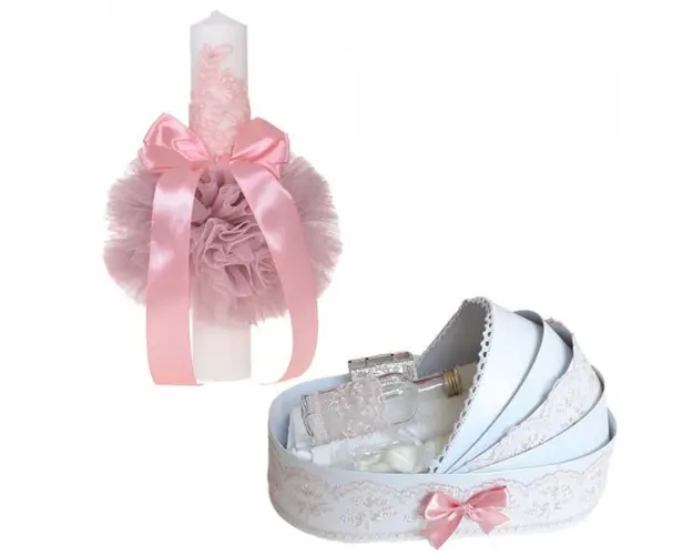 Lumanare botez glob cu dantela si trusou botez in landou, decor Roz pudra, Denikos® 747