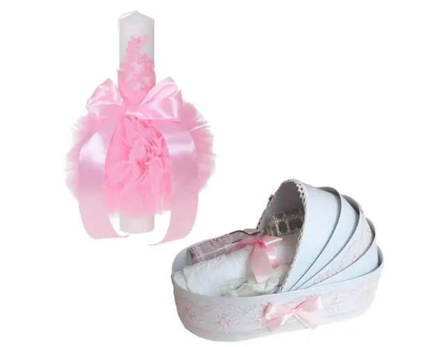 Lumanare botez glob cu dantela si trusou botez in landou, decor Roz, Denikos® 748