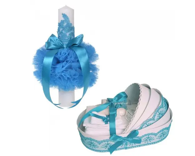 Lumanare botez glob cu dantela si trusou botez in landou, decor Turcoaz, Denikos® 757