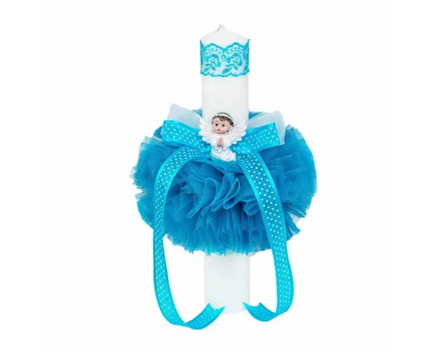 Lumanare botez glob cu ingeras, decor turcoaz, Denikos® 522