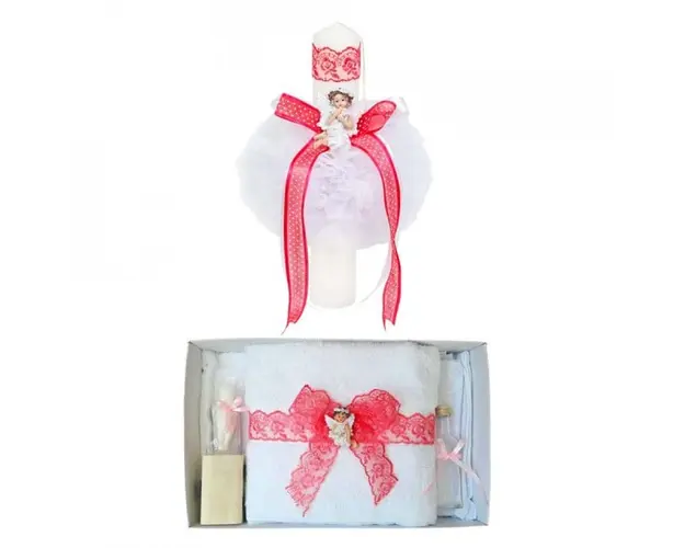 Lumanare botez glob cu ingeras si trusou botez dantela, decor Corai, Denikos® 608