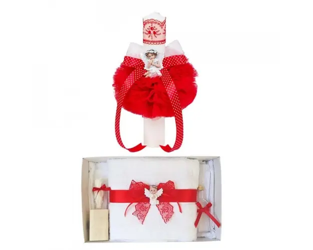 Lumanare botez glob cu ingeras si trusou botez dantela, decor Rosu, Denikos® 611