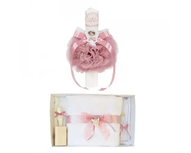 Lumanare botez glob cu ingeras si trusou botez dantela, decor Roz Pudra, Denikos® 612