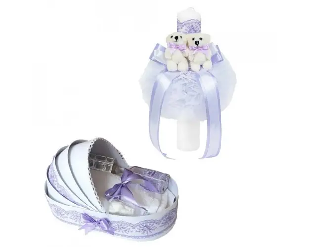 Lumanare botez glob cu ursuleti si trusou botez in landou, decor Lila, Denikos® 590