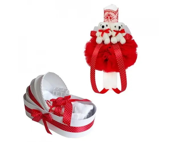 Lumanare botez glob cu ursuleti si trusou botez in landou, decor Rosu, Denikos® 591