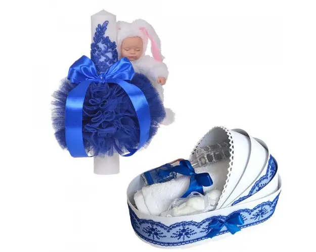 Lumanare botez glob iepuras pufos si trusou botez in landou, decor Albastru, Denikos® 764