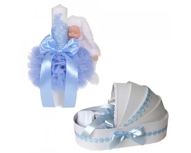 Lumanare botez glob iepuras pufos si trusou botez in landou, decor Bleu cu floricele, Denikos® 766