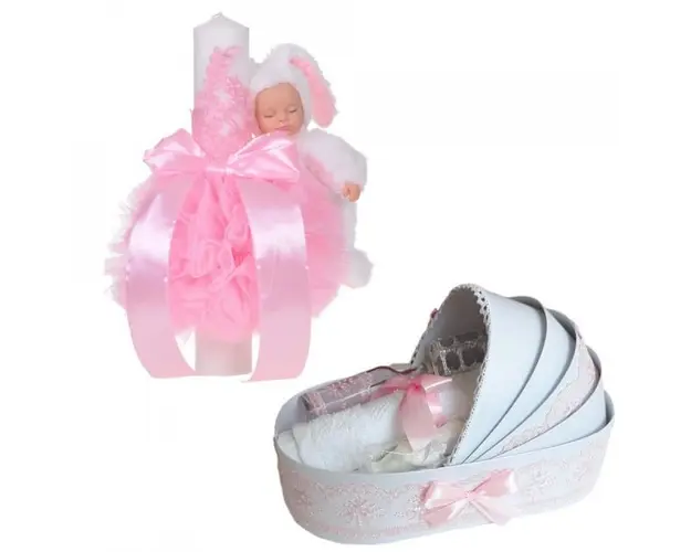 Lumanare botez glob iepuras pufos si trusou botez in landou, decor Roz, Denikos® 770