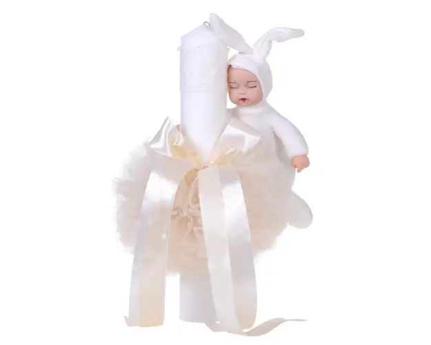 Lumanare botez jucarie iepuras, decor crem, Denikos® 61