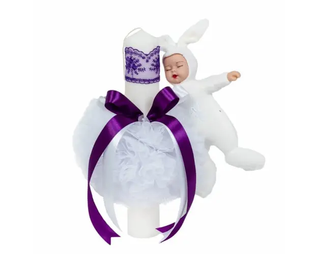 Lumanare botez jucarie iepuras, decor MOV, Denikos® 515