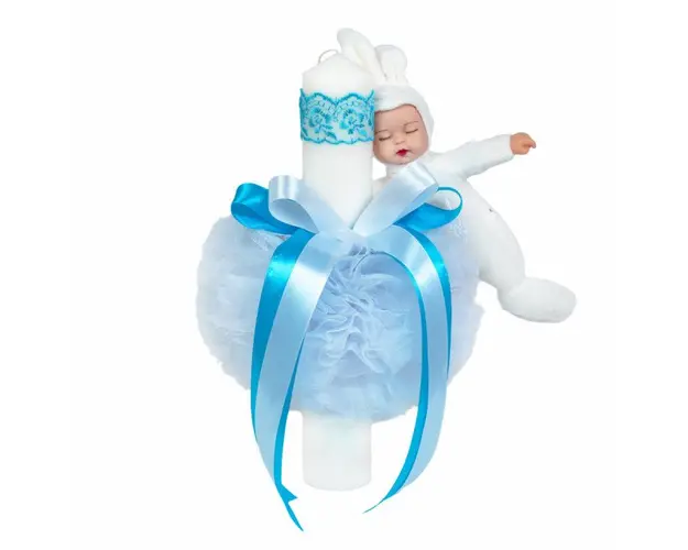 Lumanare botez jucarie iepuras, decor turcoaz, Denikos® 512