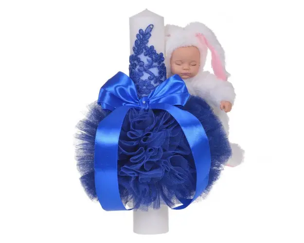 Lumanare botez jucarie iepuras pufos si dantela, decor albastru, Denikos® 718