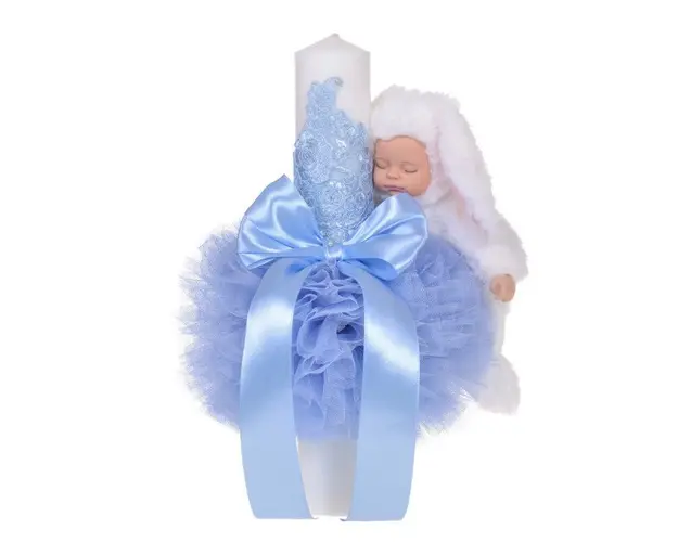 Lumanare botez jucarie iepuras pufos si dantela, decor bleu, Denikos® 717