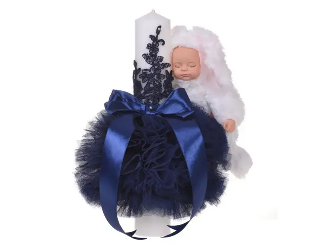 Lumanare botez jucarie iepuras pufos si dantela, decor bleumarin, Denikos® 716