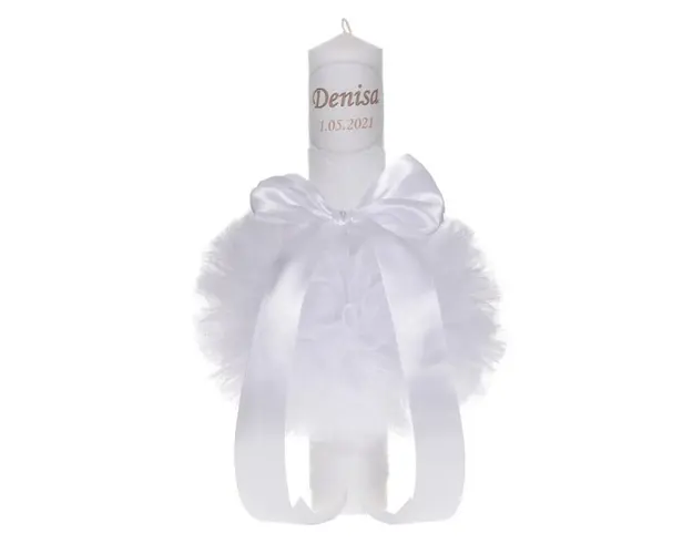 Lumanare botez personalizata, decor alb, diafan cu tul si dantela, Denikos® 728