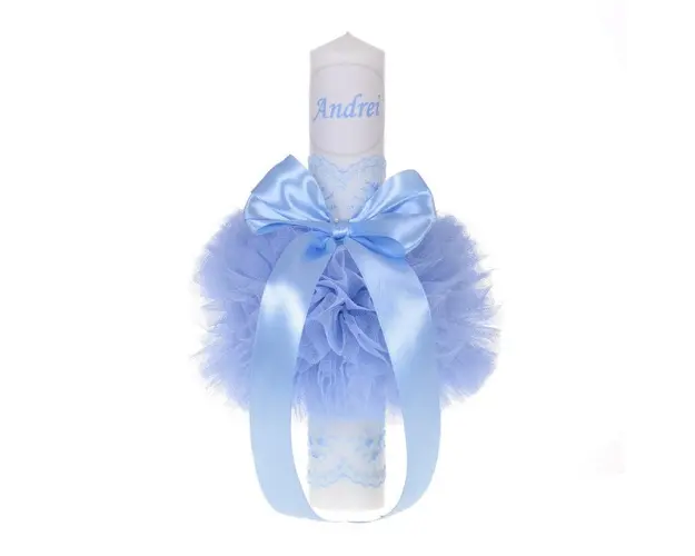 Lumanare botez personalizata, decor bleu cu tul si dantela, Denikos® 726