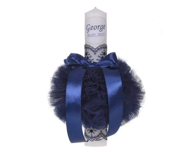 Lumanare botez personalizata, decor bleumarin cu tul si dantela, Denikos® 725