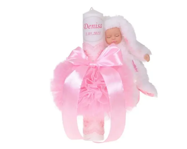 Lumanare botez personalizata, decor roz cu tul, dantela si o jucarie iepuras, Denikos® 732