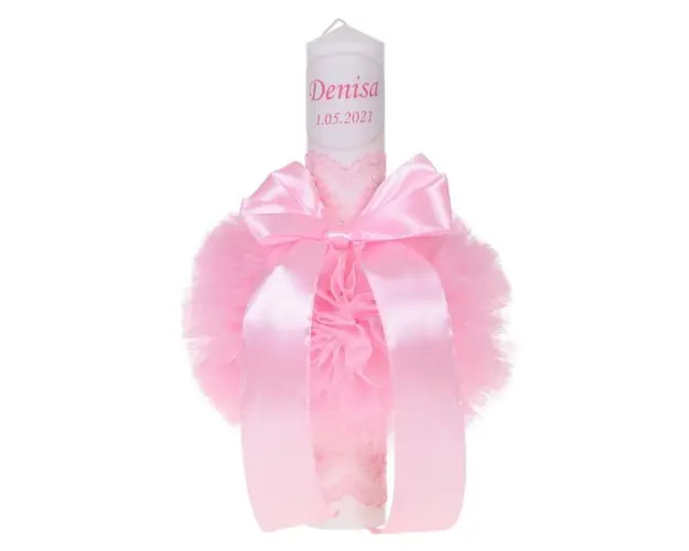 Lumanare botez personalizata, decor roz cu tul si dantela, Denikos® 722