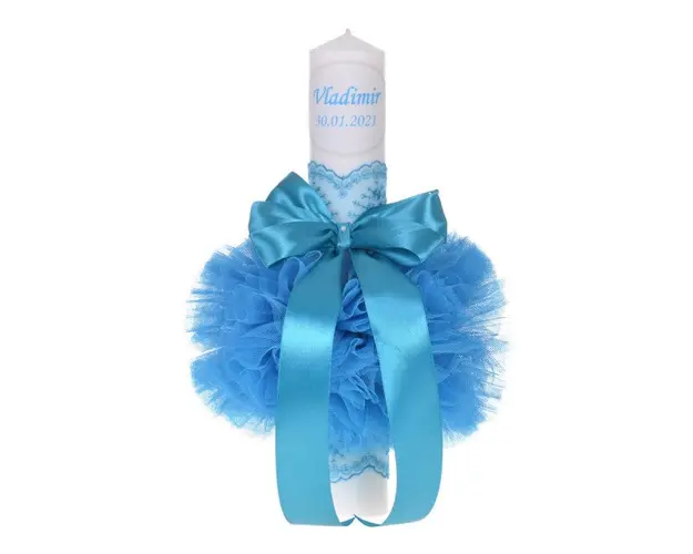 Lumanare botez personalizata, decor turcoaz cu tul si dantela, Denikos® 720