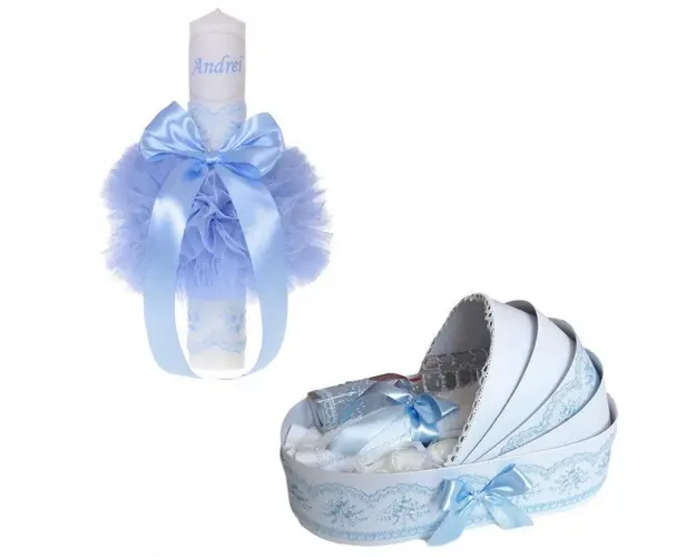 Lumanare botez personalizata si trusou botez in landou, decor Bleu, Denikos® 778