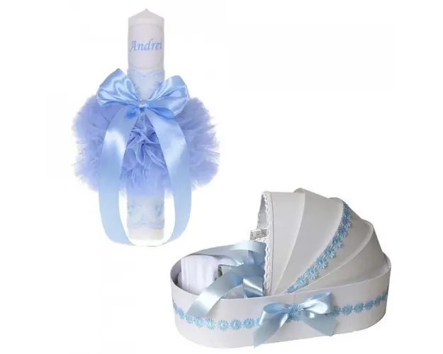 Lumanare botez personalizata si trusou botez in landou, decor Bleu cu floricele, Denikos® 774