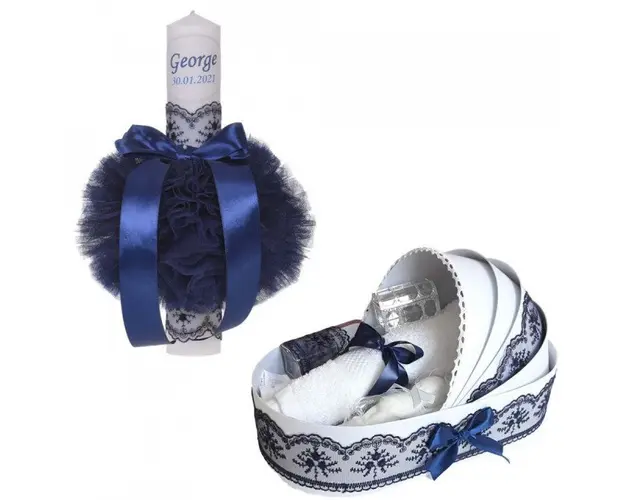 Lumanare botez personalizata si trusou botez in landou, decor Bleumarin, Denikos® 807