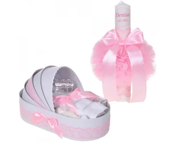 Lumanare botez personalizata si trusou botez in landou, decor dantela Roz, Denikos® 863