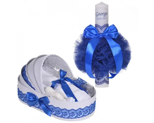 Lumanare botez personalizata si trusou botez in landou, decor dantela Albastra, Denikos® 867