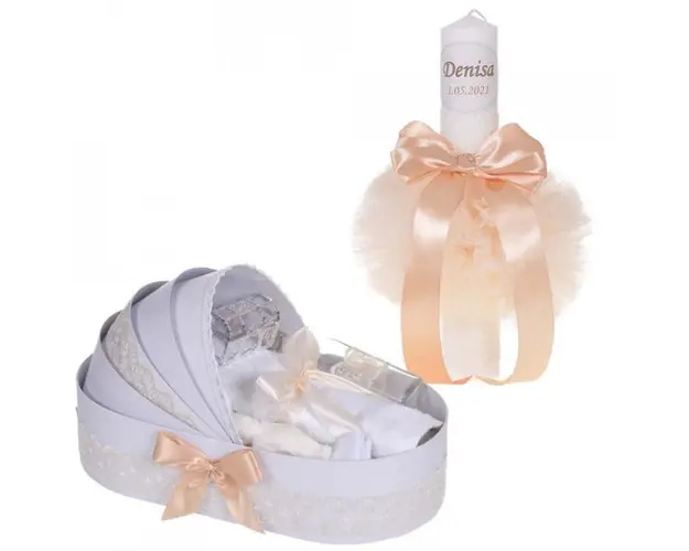 Lumanare botez personalizata si trusou botez in landou, decor dantela Crem, Denikos® 869
