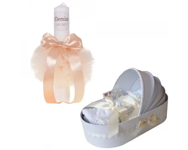 Lumanare botez personalizata si trusou botez in landou, decor Ivoire cu floricele, Denikos® 775