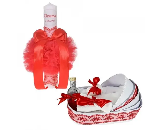 Lumanare botez personalizata si trusou botez in landou, decor Rosu, Denikos® 781