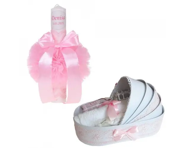 Lumanare botez personalizata si trusou botez in landou, decor Roz, Denikos® 782