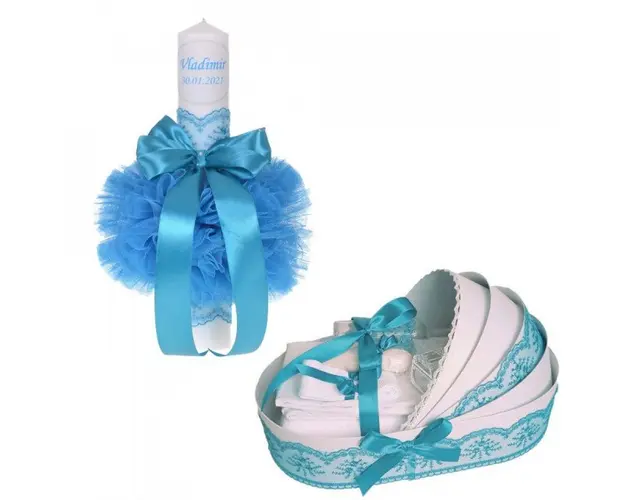 Lumanare botez personalizata si trusou botez in landou, decor Turcoaz, Denikos® 783