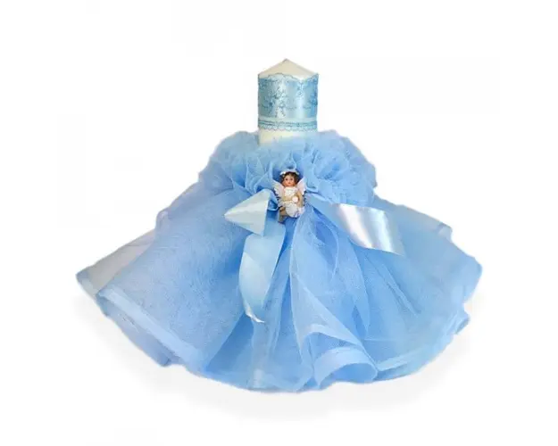 Lumanare botez tul bleu, fundita asortata si ingeras, Denikos® 406