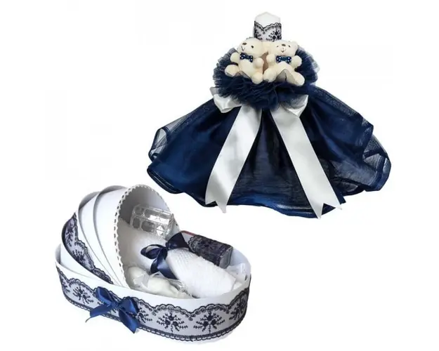 Lumanare botez tul bleumarin cu ursuleti si trusou botez in landou, Denikos® 595