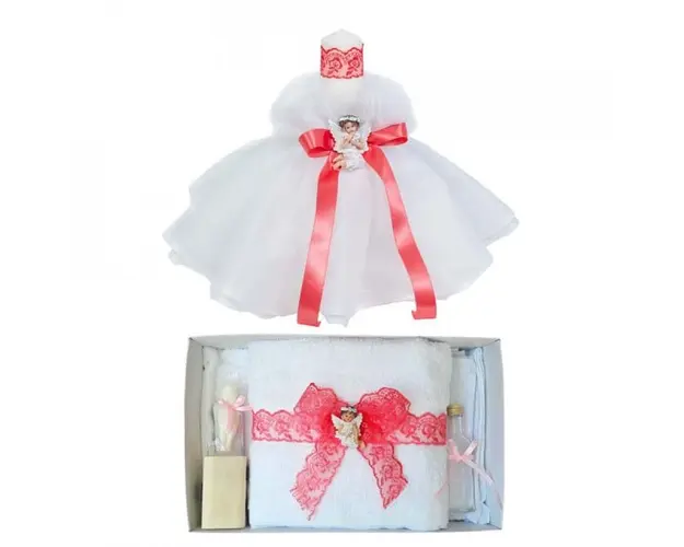 Lumanare botez tul si ingeras si trusou botez dantela, decor Corai, Denikos® 623