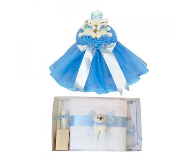 Lumanare botez tul si ursuleti si trusou botez dantela, decor Bleu, Denikos® 614