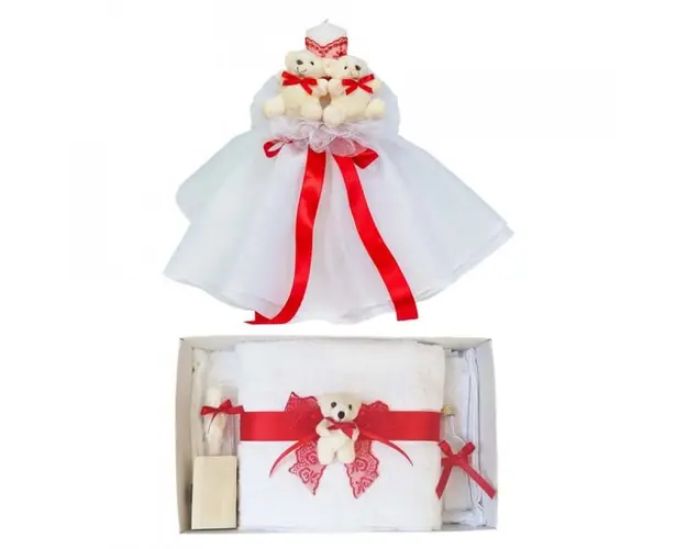 Lumanare botez tul si ursuleti si trusou botez dantela, decor Rosu, Denikos® 620