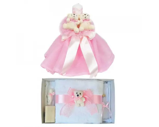 Lumanare botez tul si ursuleti si trusou botez dantela, decor Roz, Denikos® 621