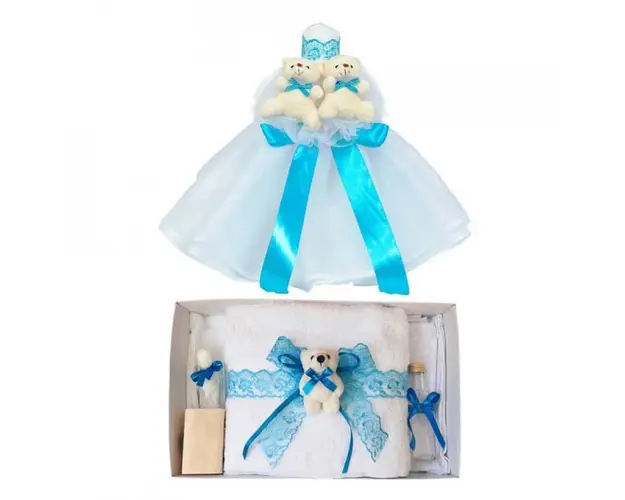 Lumanare botez tul si ursuleti si trusou botez dantela, decor Turcoaz, Denikos® 622