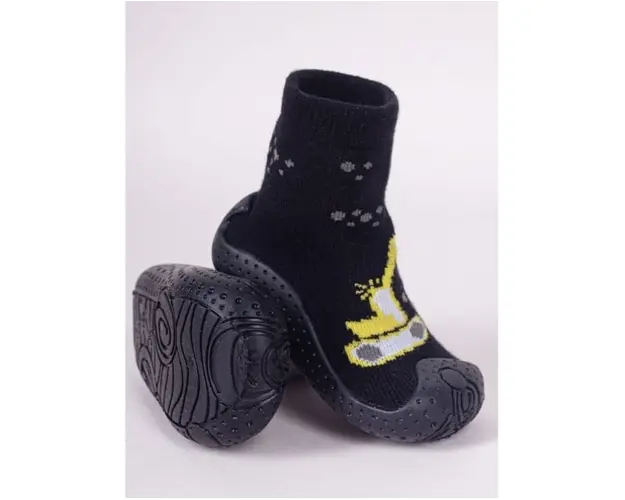 Mocasini pentru copii cu talpa antiderapanta  Design cu excavator galben vibrant