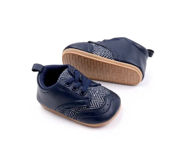 Pantofi bebelusi din piele ecologica cu insertii textile, albastru inchis