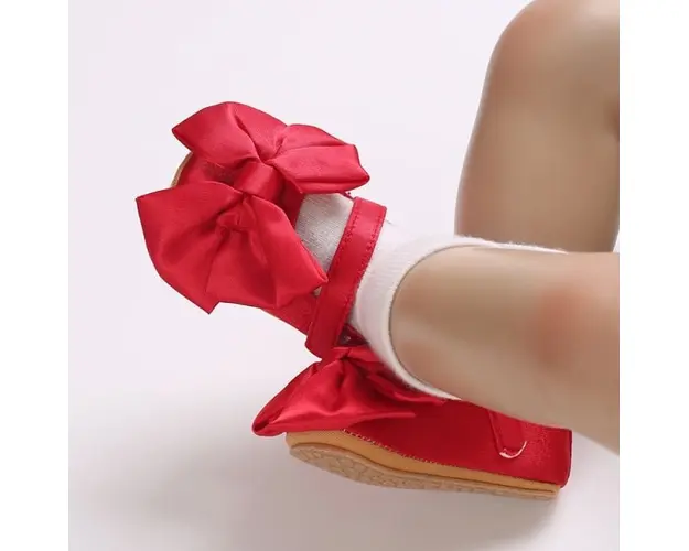 Pantofiori pentru bebelusi, rosii cu funda din satin