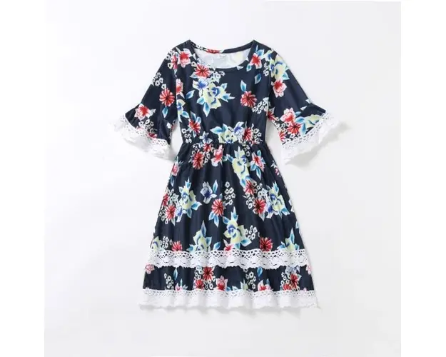 Rochita Bleumarin pentru Fetite cu Imprimeu Floral si Maneci cu Dantela