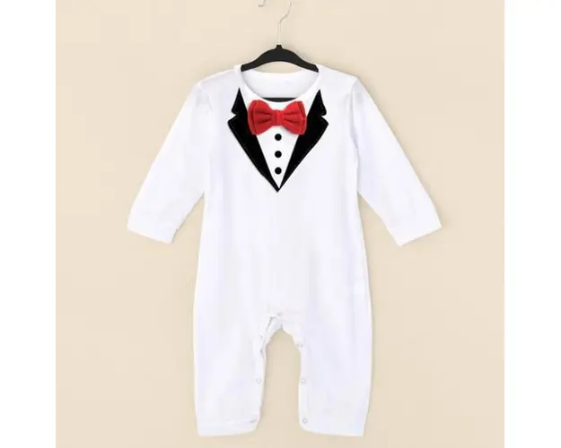 Salopeta alba eleganta cu papion rosu