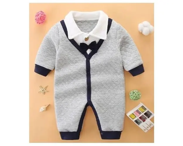 Salopeta eleganta gri cu papion bleumarine