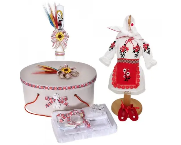 Set botez national, costum rochita traditionala, trusou botez, cutie trusou si lumanare, decor rustic, Denikos® C9101