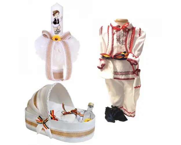Set botez popular baietel, trusou botez landou, lumanare si costum national baiat, Denikos® 970